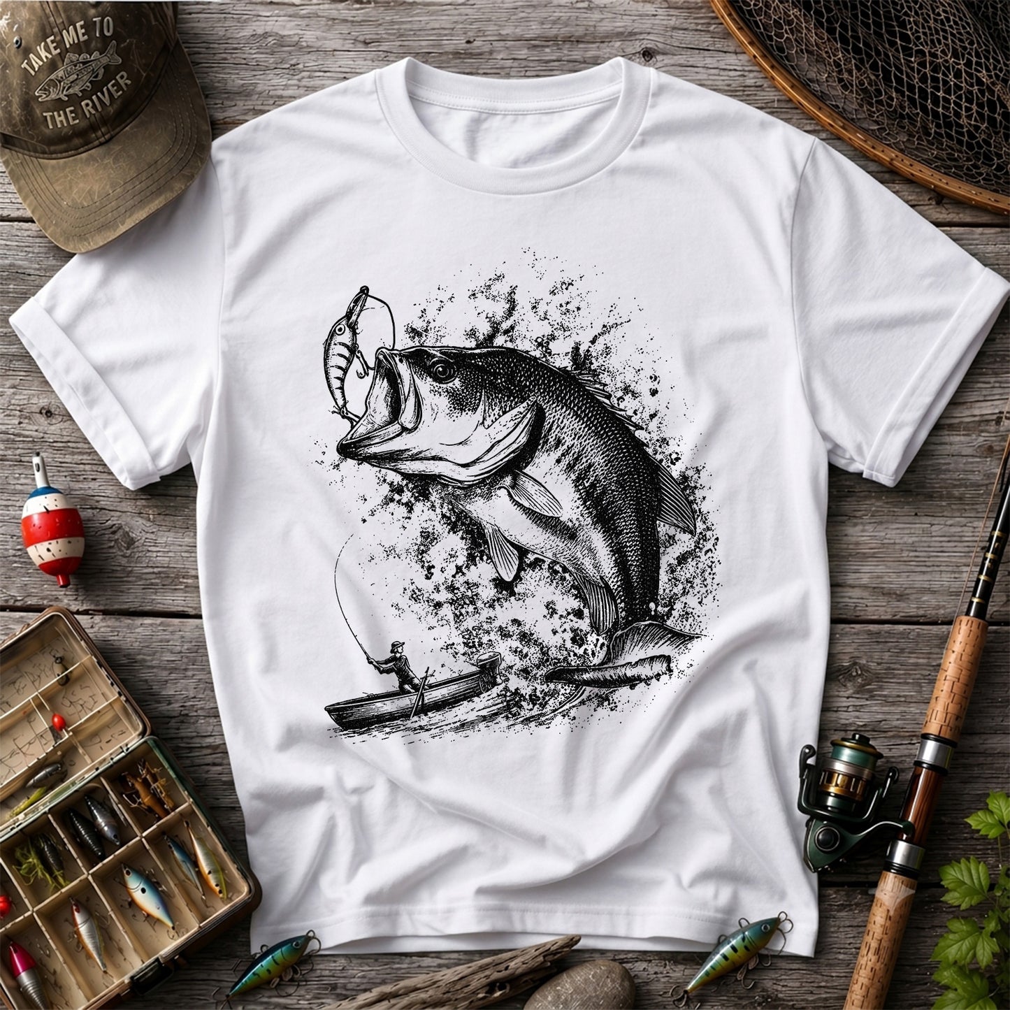 Largemouth Bass Striking Lure from Fishing Boat Graphic T-Shirt