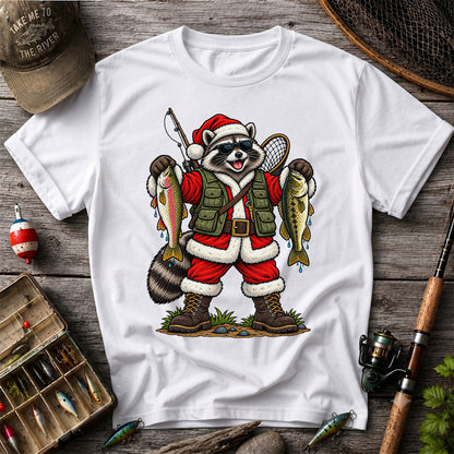 Santa Raccoon Holding Trout and Bass Christmas Fishing T-Shirt