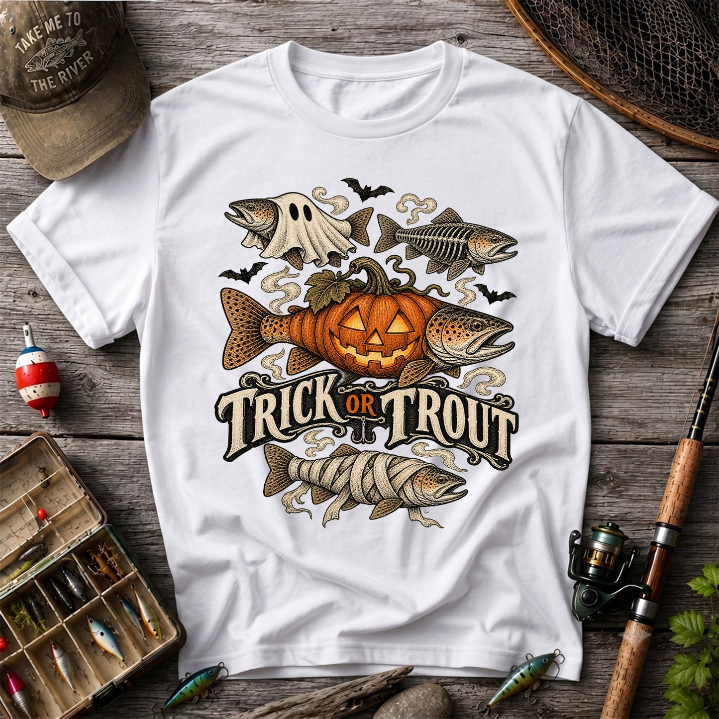 Trick or Trout Spooky Fish Halloween Graphic T-Shirt