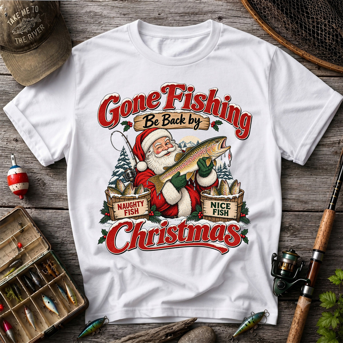 Gone Fishing Be Back by Christmas Santa Trout T-Shirt