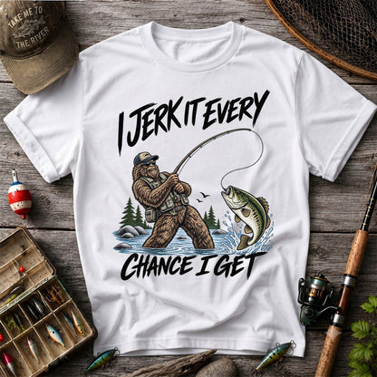 Jerk It Every Chance I Get Bigfoot Fishing Graphic T-Shirt