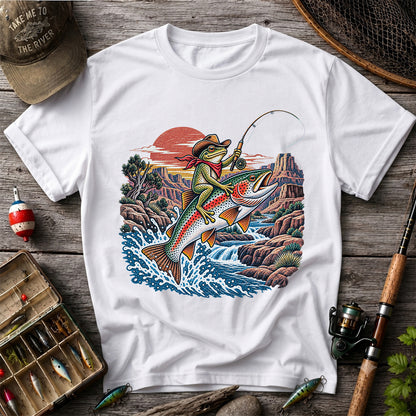 Cowboy Frog Riding a Rainbow Trout Canyon Fishing Graphic T-Shirt