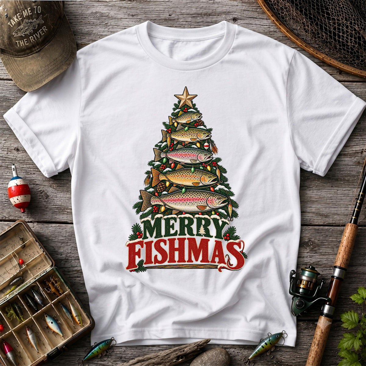 Merry Fishmas Trout Christmas Tree Fishing T-Shirt