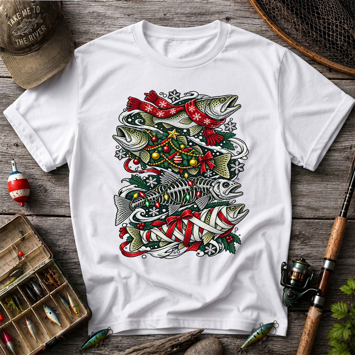 Christmas Trout and Fish Skeleton Holiday Fishing T-Shirt