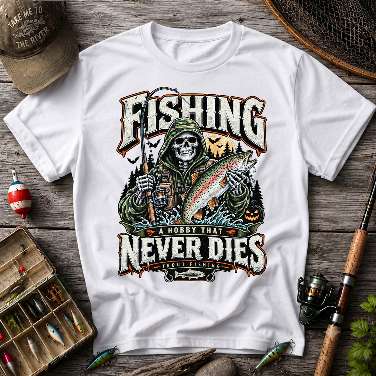 Fishing A Hobby That Never Dies Skeleton Holding Rainbow Trout Halloween T-Shirt