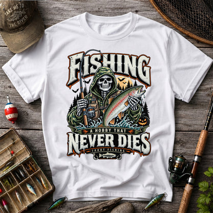 Fishing A Hobby That Never Dies Skeleton Holding Rainbow Trout Halloween T-Shirt