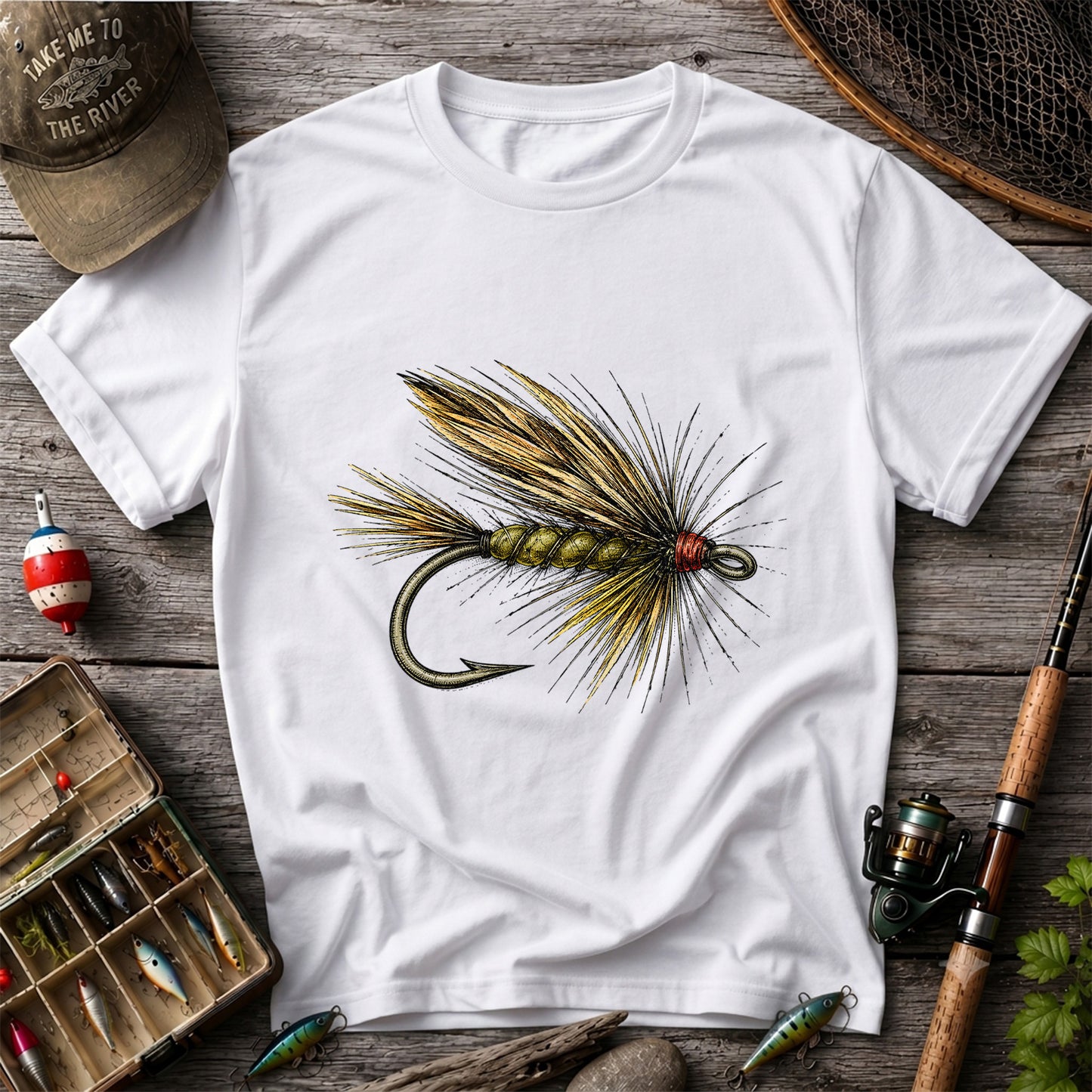 Vintage Fly Fishing Lure and Hook Graphic T-Shirt