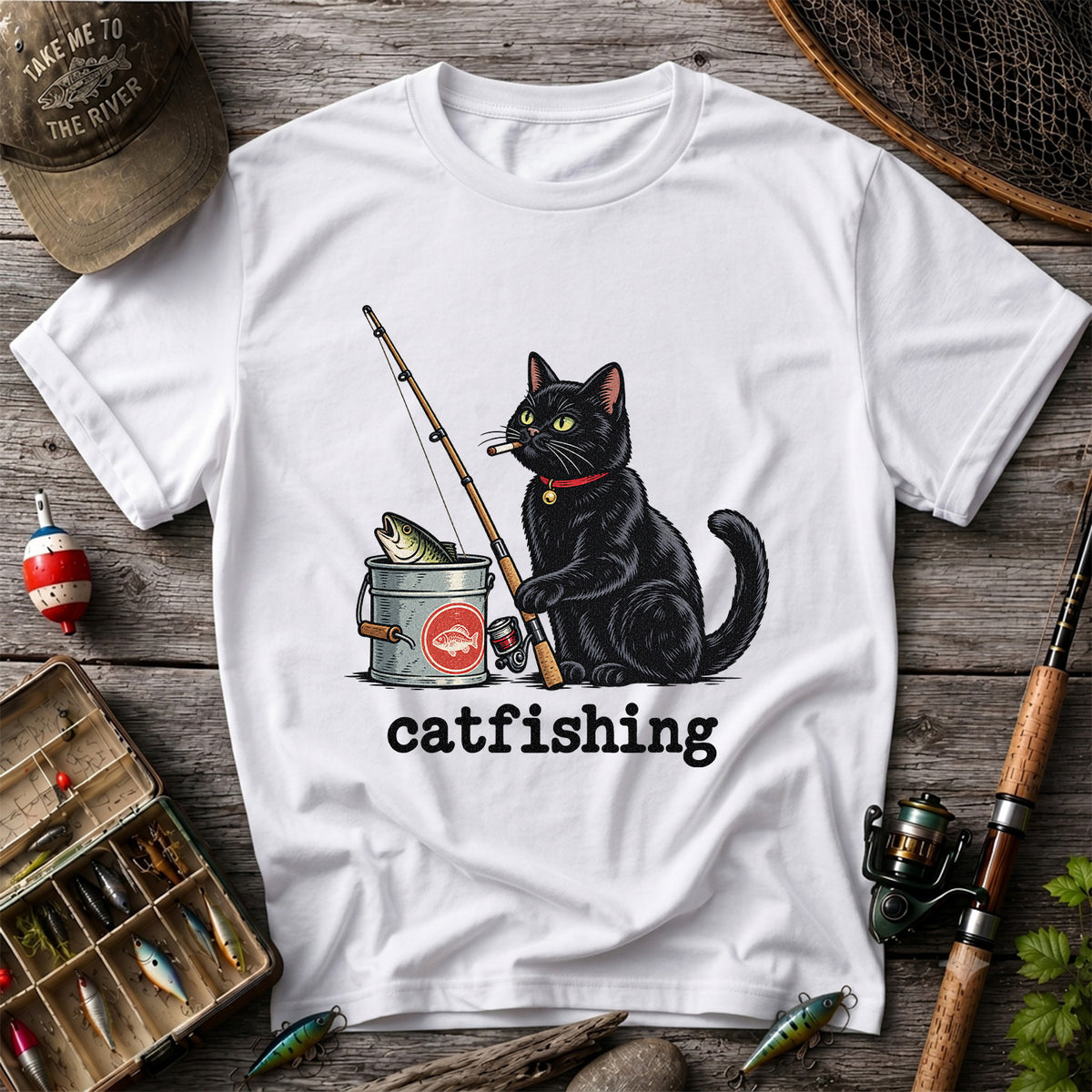 Catfishing Funny Black Cat with Fishing Rod Graphic T-Shirt