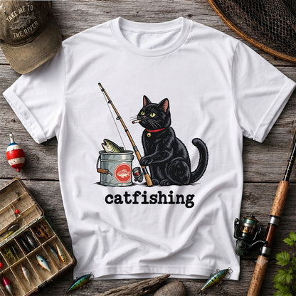 Catfishing Funny Black Cat with Fishing Rod Graphic T-Shirt