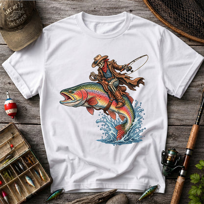 Skeleton Cowboy Riding a Rainbow Trout Fishing Graphic T-Shirt