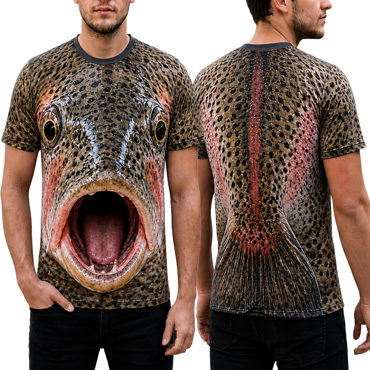 Funny 3D Trout T-Shirt, Realistic Fish Face All Over Print Shirt for Fishing Anglers