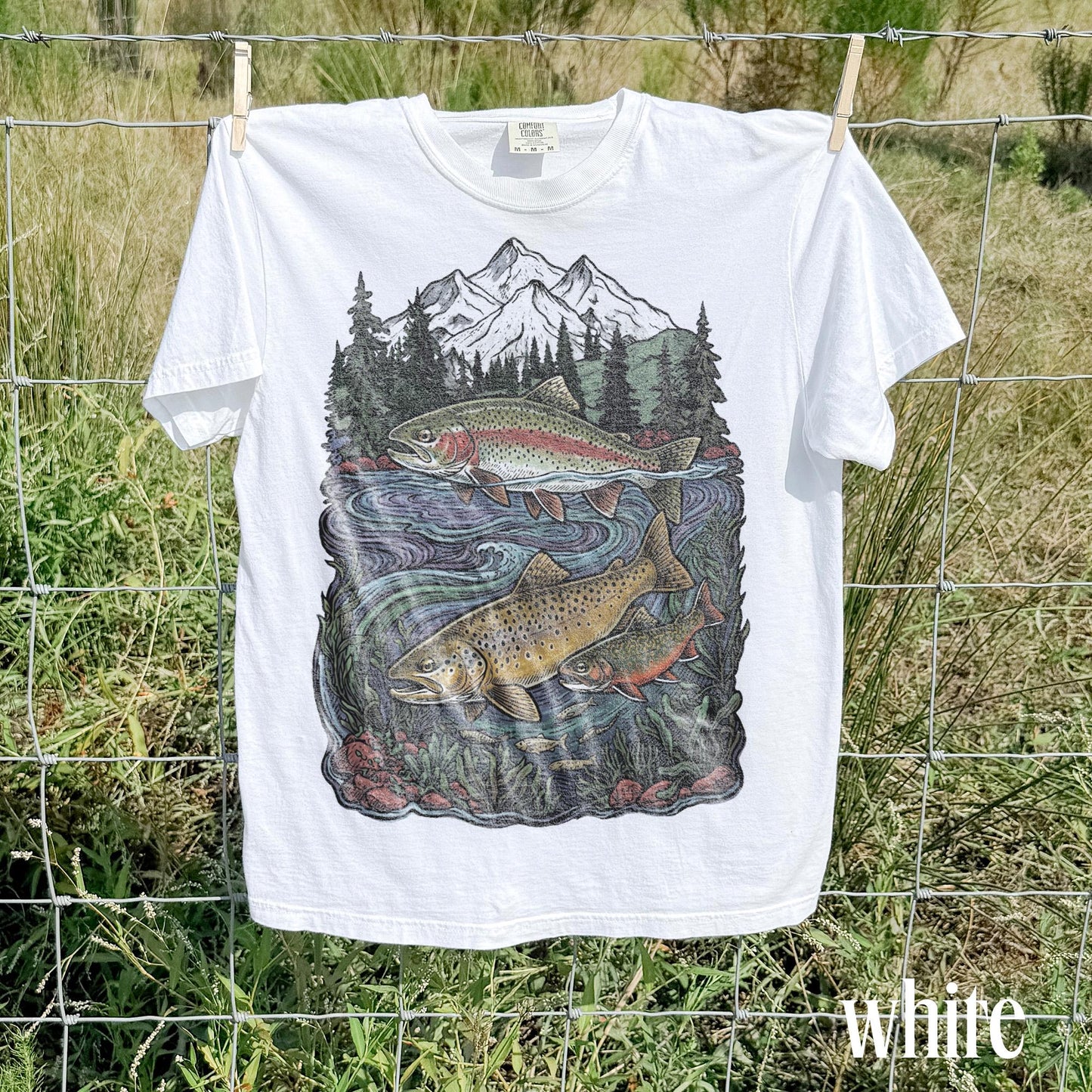 Retro Trout Fishing Mountain River Graphic Tee