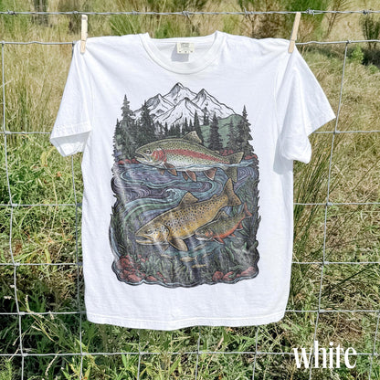 Retro Trout Fishing Mountain River Graphic Tee