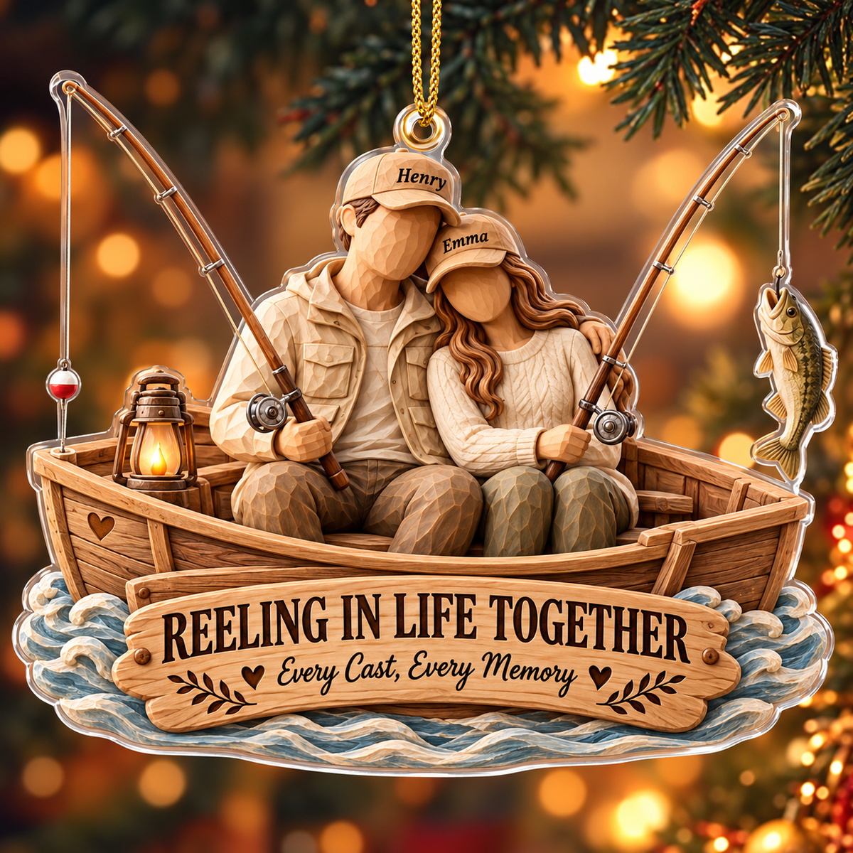 Personalized Couple Fishing Christmas Acrylic Ornament, Xmas Gift