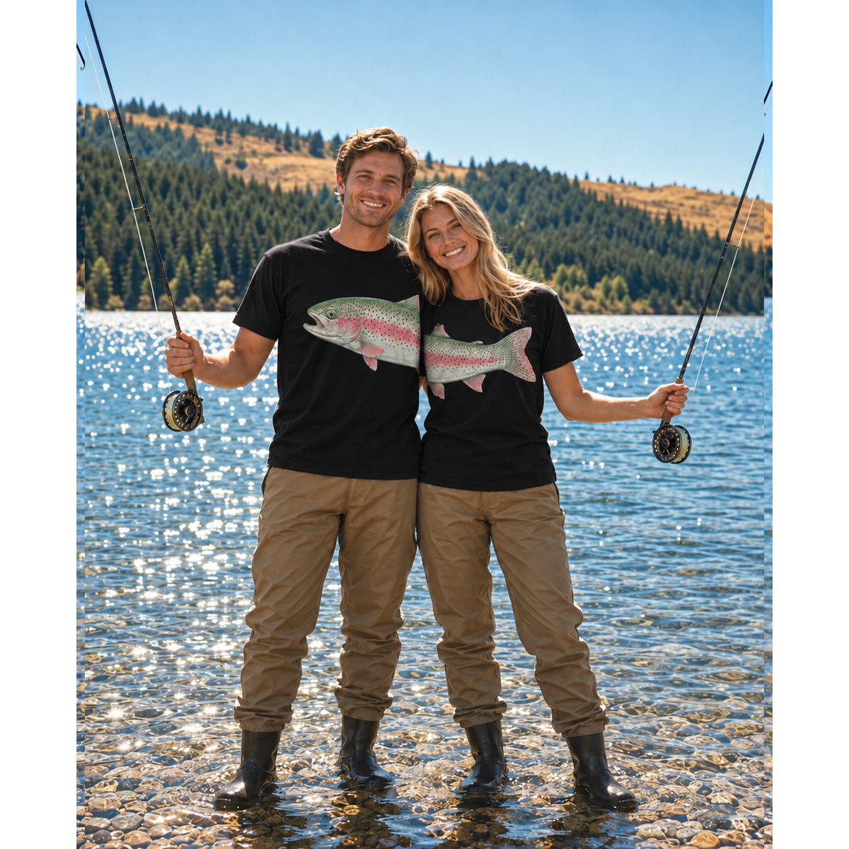 Matching Rainbow Trout Fishing Couple T-Shirt, Gift for Him, Her