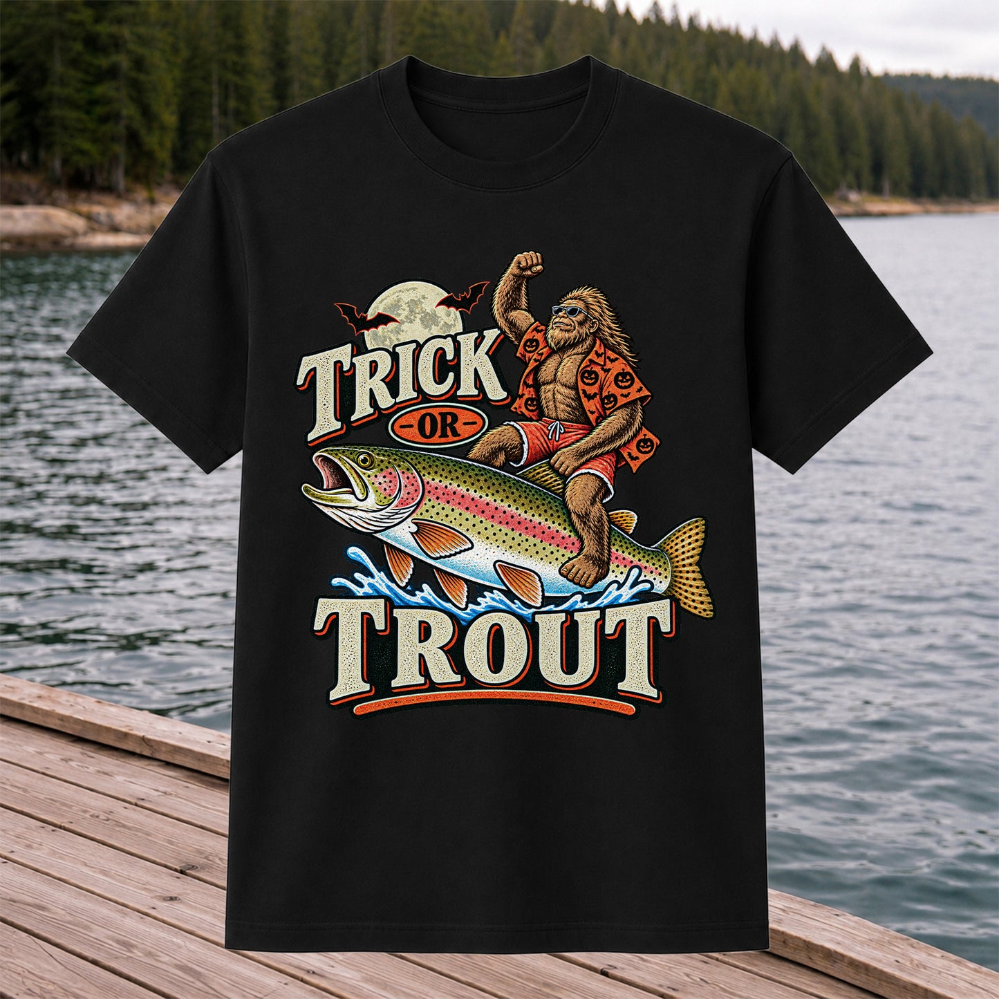 Trick or Trout Bigfoot Riding a Rainbow Trout Halloween Fishing T-Shirt