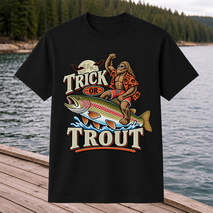 Trick or Trout Bigfoot Riding a Rainbow Trout Halloween Fishing T-Shirt