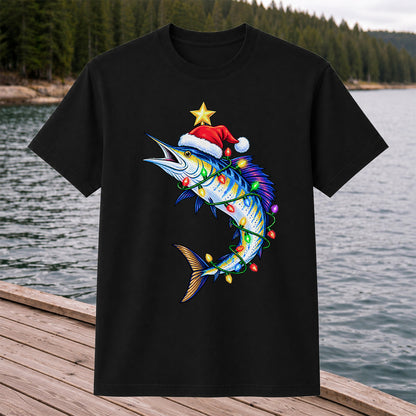 Christmas Marlin Wrapped in Lights Fishing T-Shirt