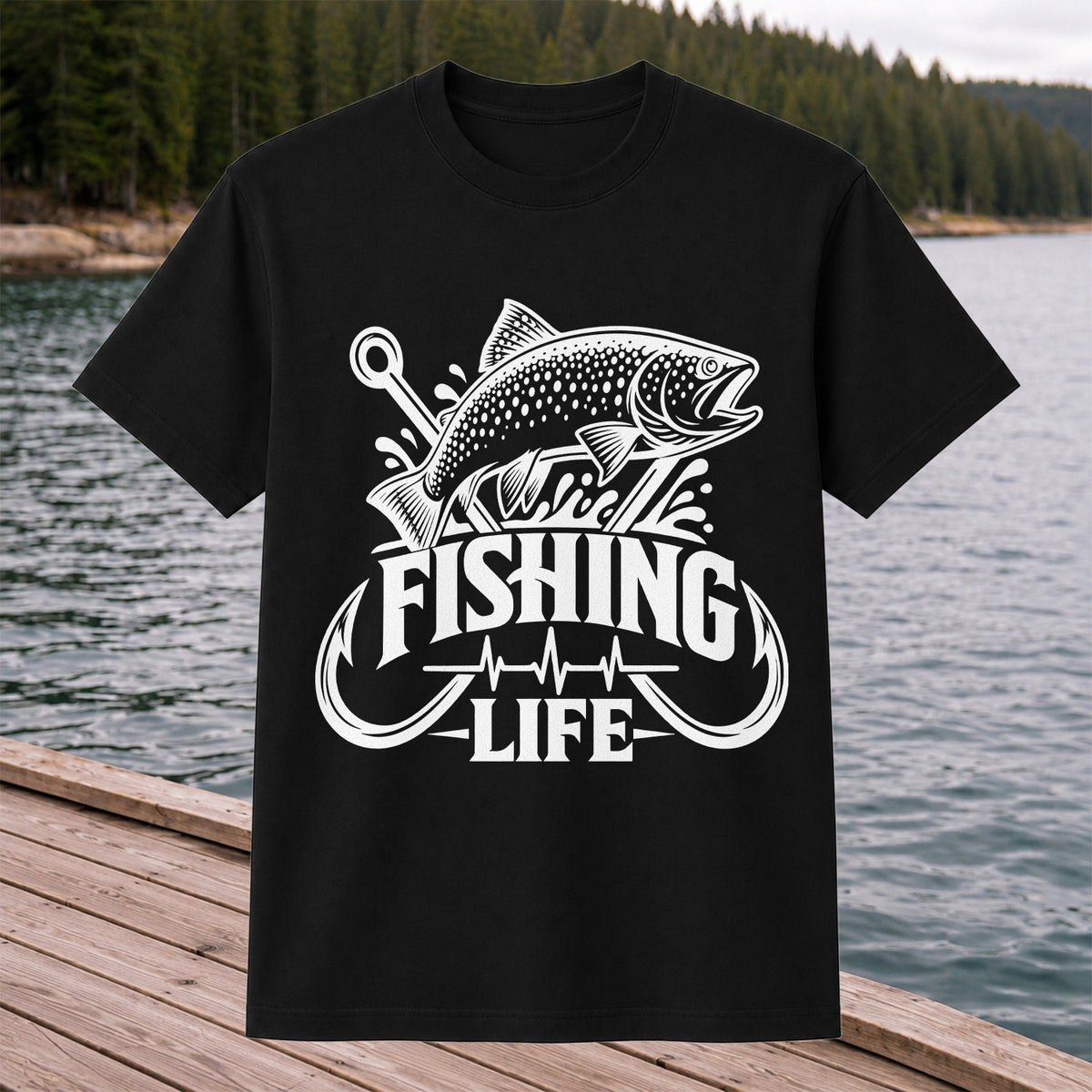 Fishing Life Trout and Hooks Heartbeat Graphic T-Shirt