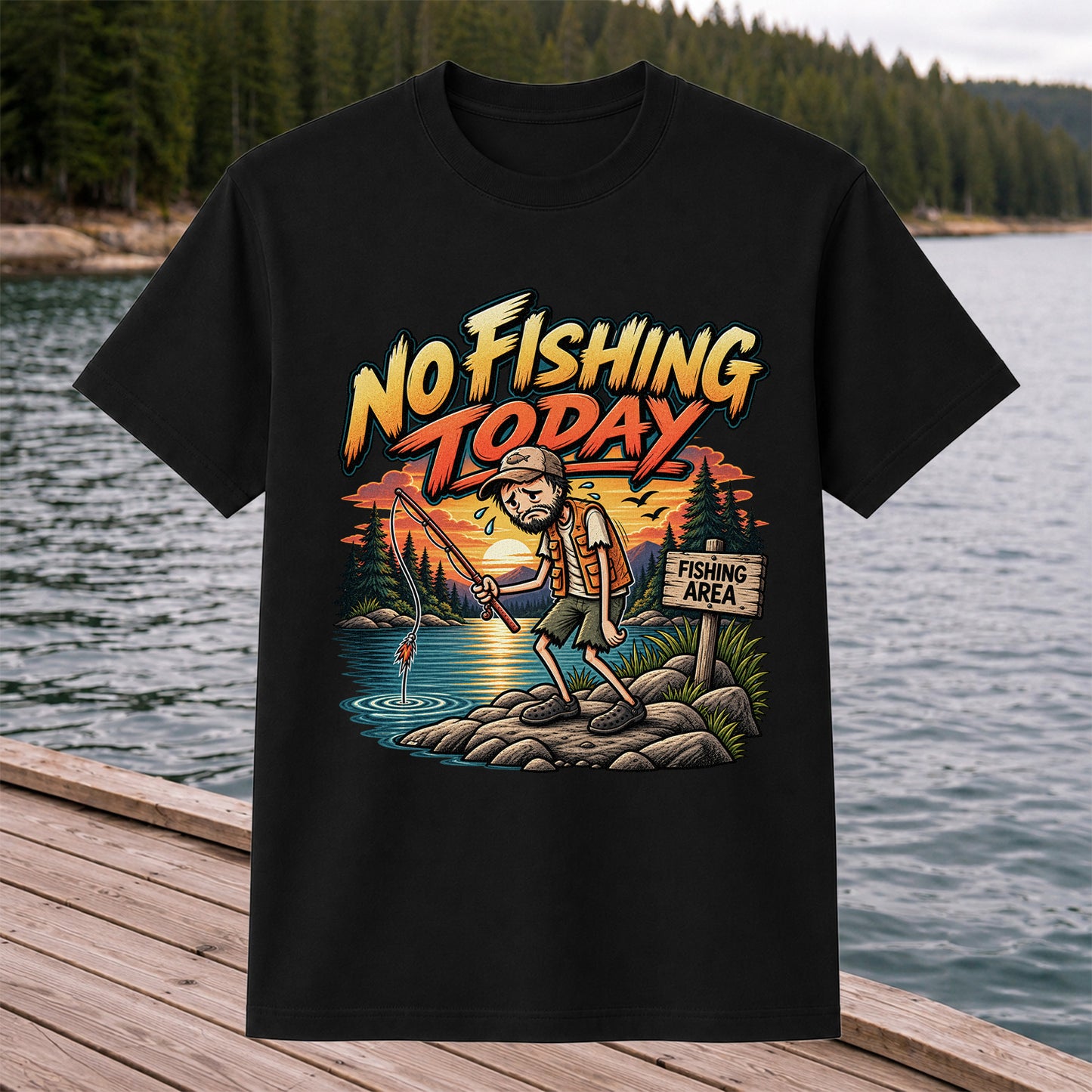 No Fishing Today Sad Angler at the Fishing Area Funny T-Shirt