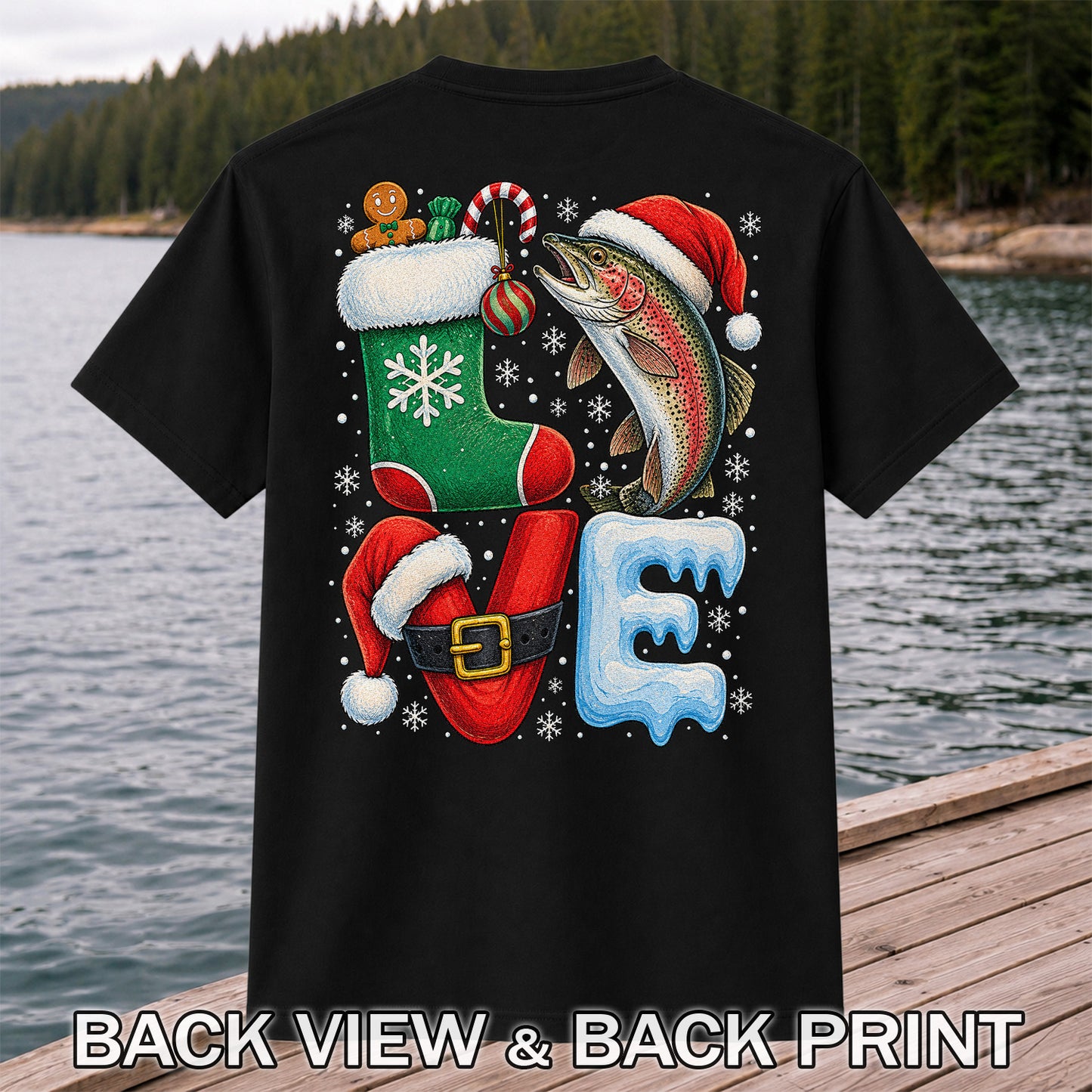 LOVE Christmas Rainbow Trout Fishing Graphic T-Shirt | Back Print