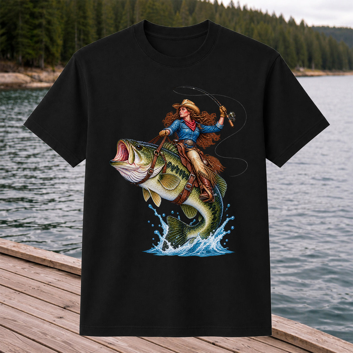 Cowgirl Riding a Largemouth Bass Fishing Graphic T-Shirt