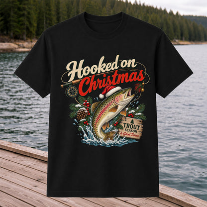 Hooked on Christmas Rainbow Trout in Santa Hat Fishing T-Shirt