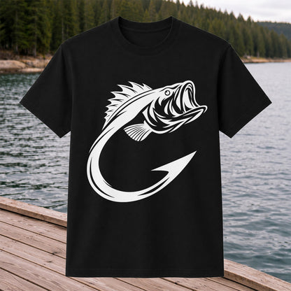 Bass Fish Hook Silhouette Fishing Graphic T-Shirt