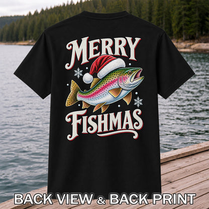 Merry Fishmas Rainbow Trout in a Santa Hat Christmas Fishing T-Shirt | Back Print