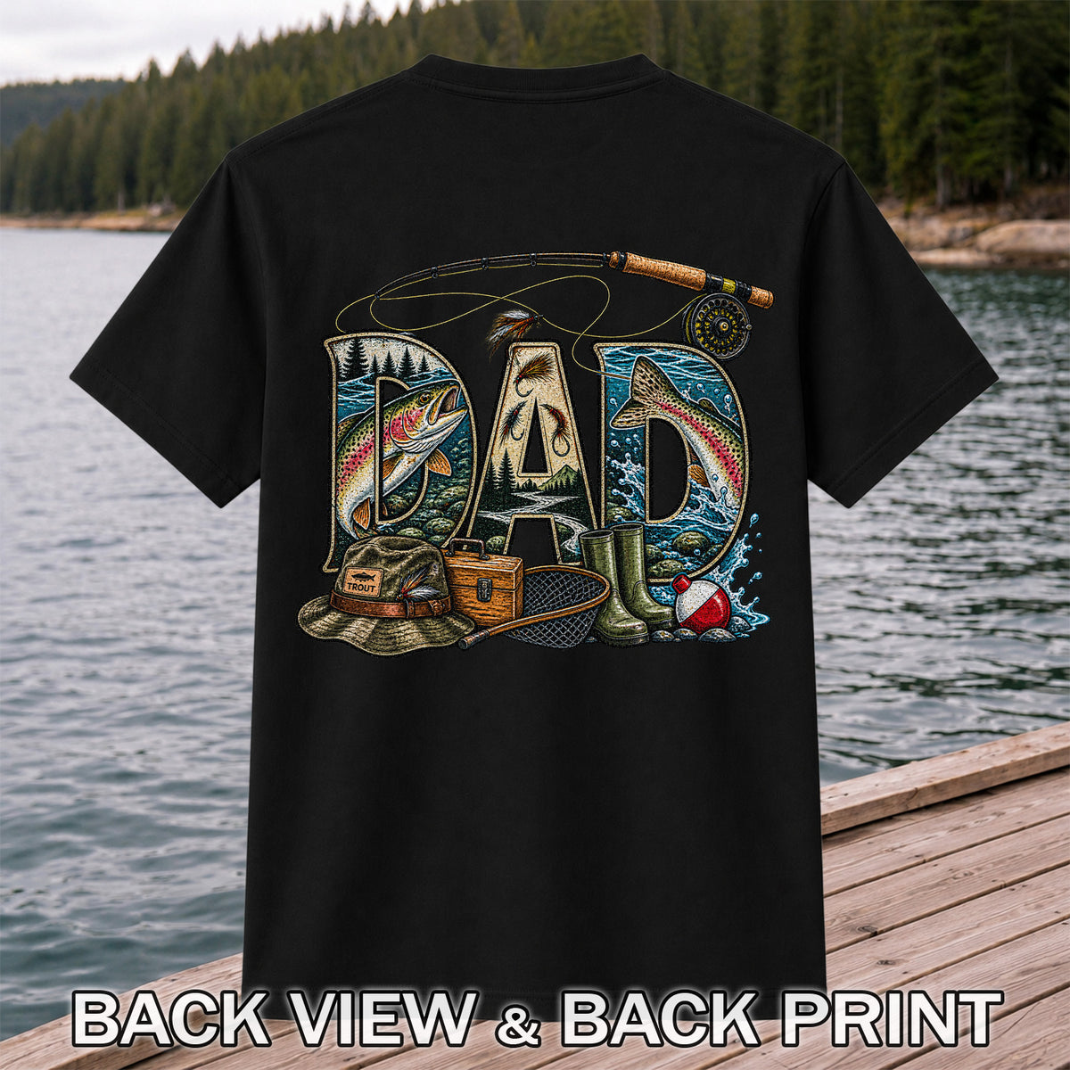 Dad Rainbow Trout Fly Fishing Vintage Graphic T-Shirt | Back Print