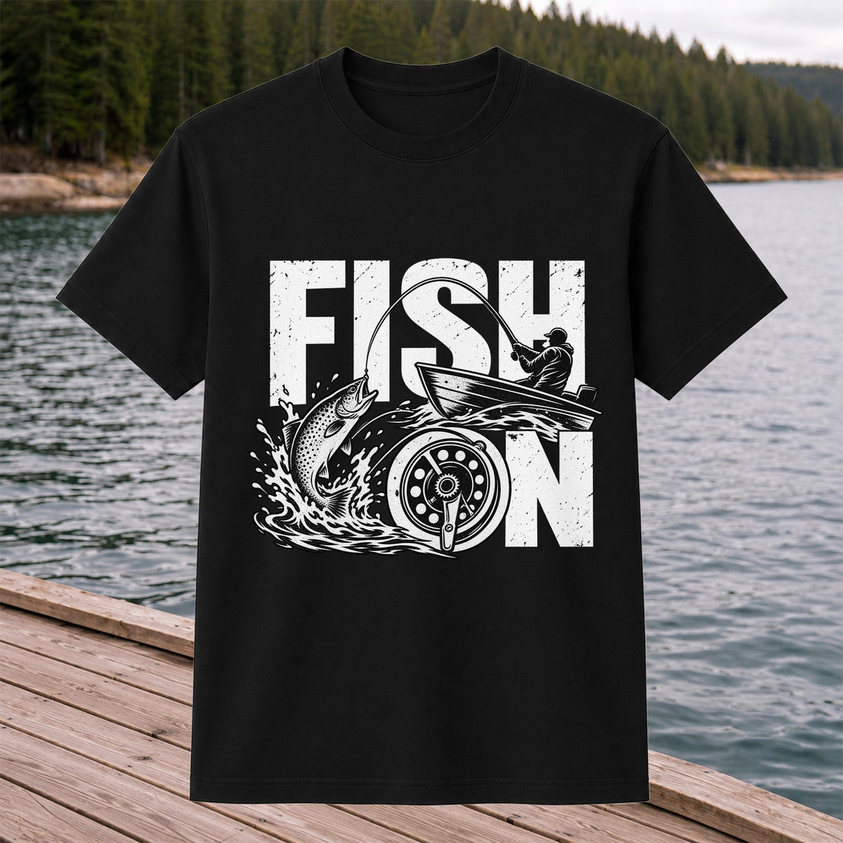 Fish On Jumping Trout and Fishing Boat Graphic T-Shirt
