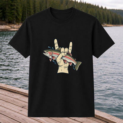 Rainbow Trout Rock On Hand Gesture Fishing Graphic T-Shirt
