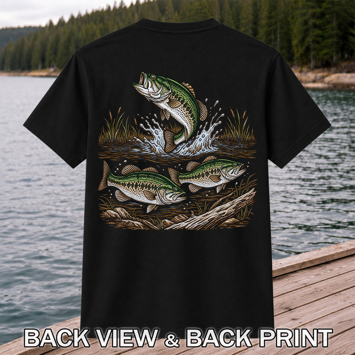 Largemouth Bass Jumping River Fishing Graphic T-Shirt | Back Print