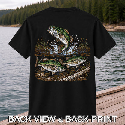 Largemouth Bass Jumping River Fishing Graphic T-Shirt | Back Print