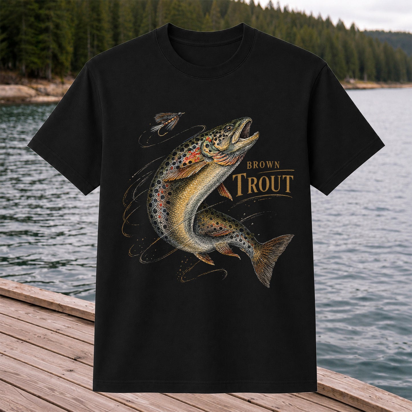 Brown Trout Chasing Fly Vintage Fishing Graphic T-Shirt