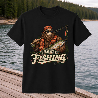 Bigfoot Holding Trout Funny Fishing Graphic T-Shirt