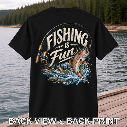 Fishing Is Fun Rainbow Trout and Mountain Graphic T-Shirt | Back Print
