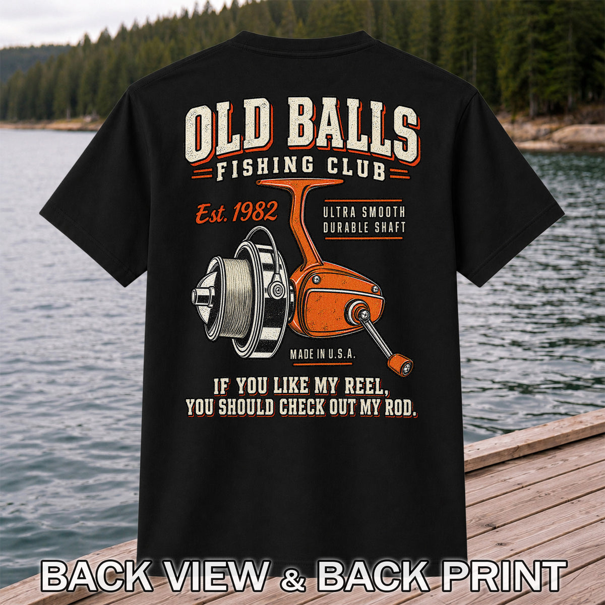 Old Balls Fishing Club Vintage Spinning Reel Graphic T-Shirt | Back Print