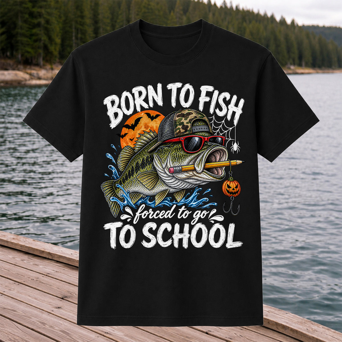 Born to Fish Forced to Go to School Halloween Bass Fishing T-Shirt
