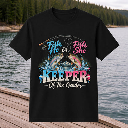 Fish He or Fish She Keeper of the Gender Rainbow Trout Fishing Gender Reveal T-Shirt