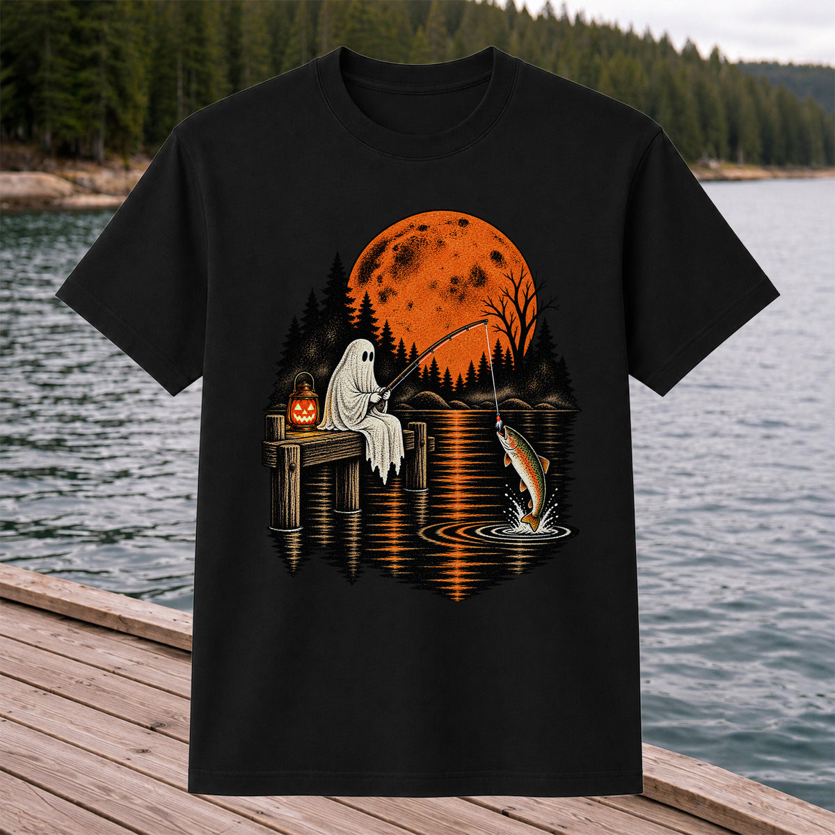 Ghost Fishing for Rainbow Trout Under an Orange Moon Halloween T-Shirt