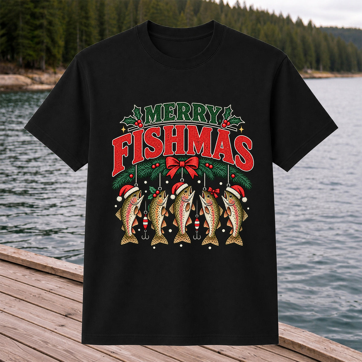 Merry Fishmas Christmas Rainbow Trout Fishing T-Shirt