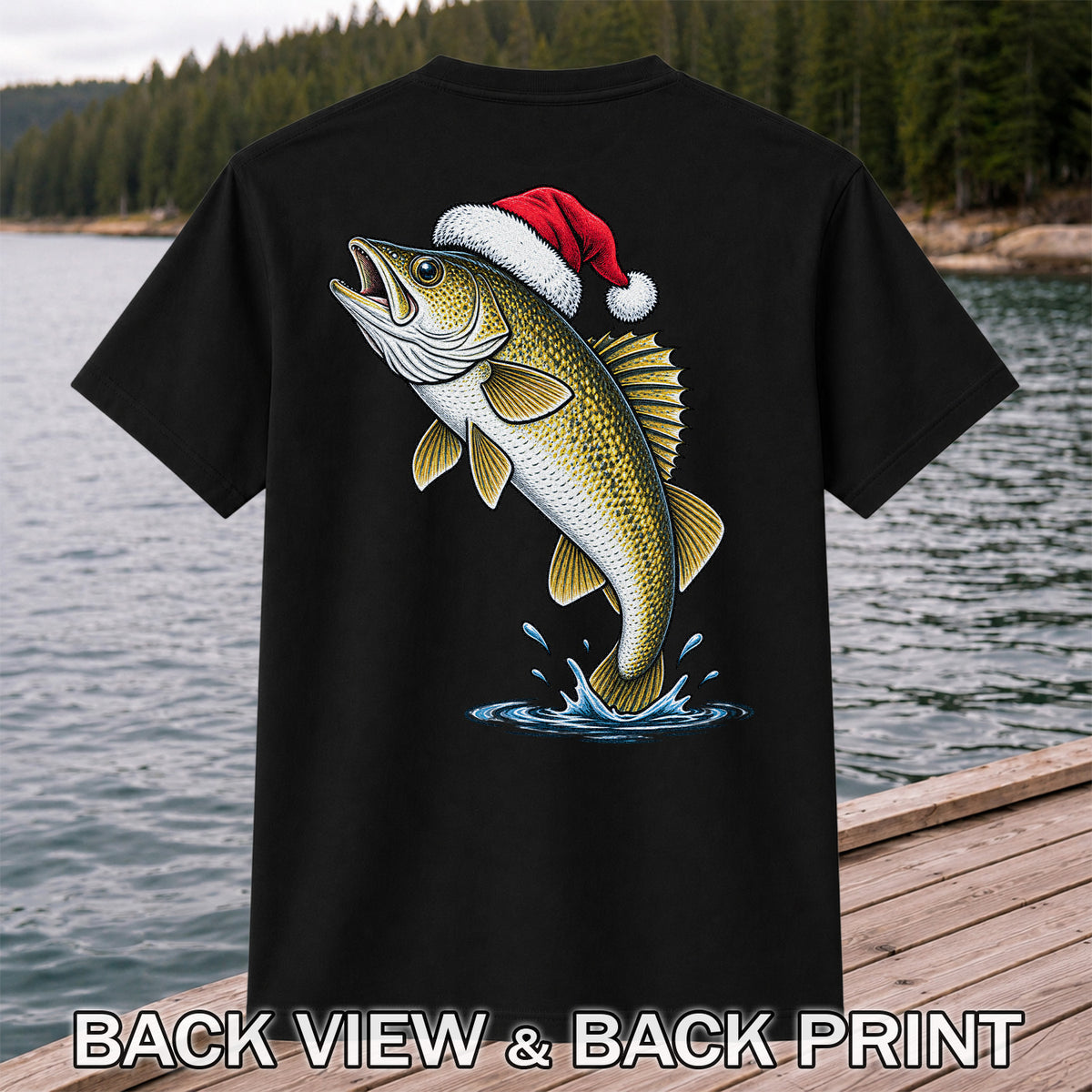 Santa Hat Walleye Christmas Fishing Graphic T-Shirt | Back Print