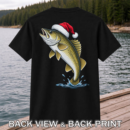 Santa Hat Walleye Christmas Fishing Graphic T-Shirt | Back Print
