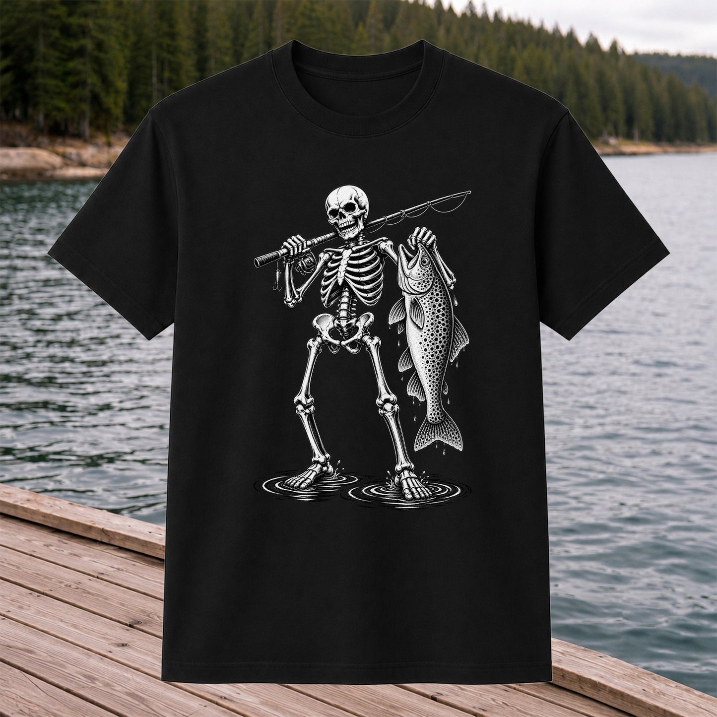 Skeleton Angler Holding a Trout Fishing Graphic T-Shirt