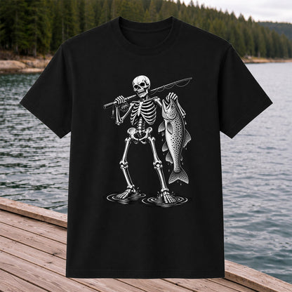 Skeleton Angler Holding a Trout Fishing Graphic T-Shirt