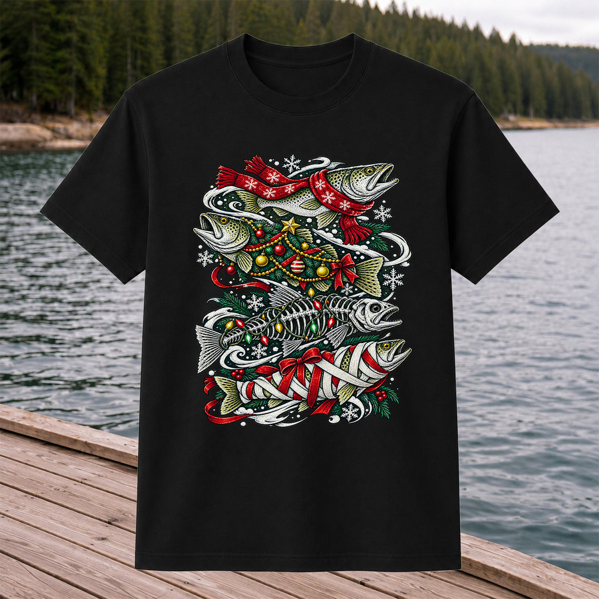Christmas Trout and Fish Skeleton Holiday Fishing T-Shirt