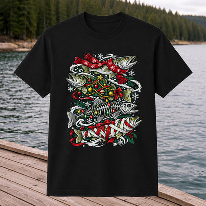 Christmas Trout and Fish Skeleton Holiday Fishing T-Shirt