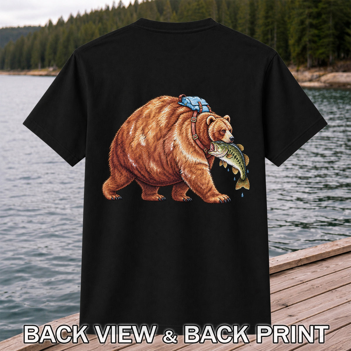 Bear Carrying Bass Fishing Wildlife Graphic T-Shirt | Back Print