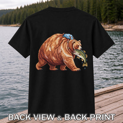 Bear Carrying Bass Fishing Wildlife Graphic T-Shirt | Back Print